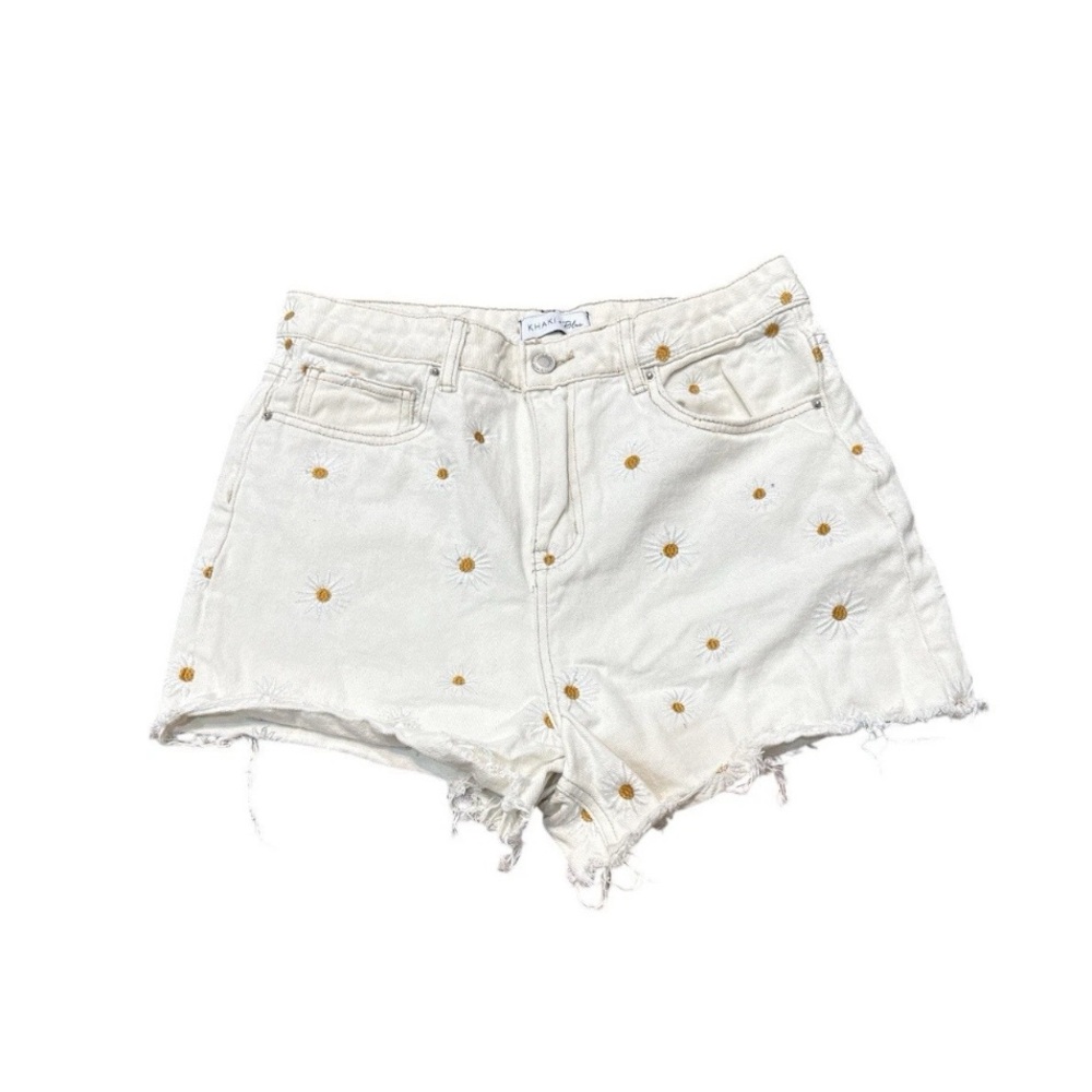 White High-Rise Cut-Off Denim‎ Shorts 11 30 Waist Boho Raw Embroidered Floral